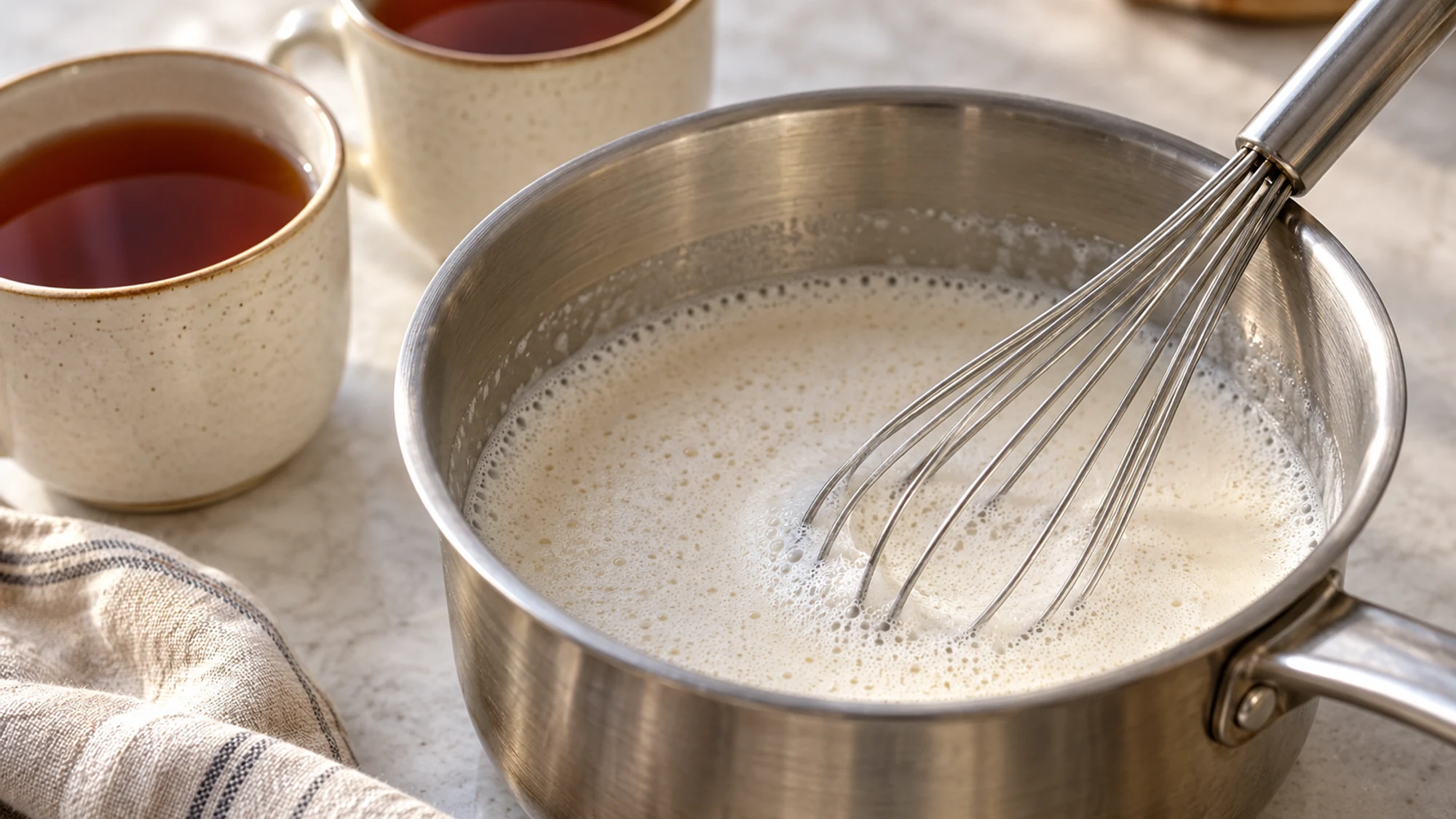 Chai latte milk whisked to fine foam in a small saucepan.
