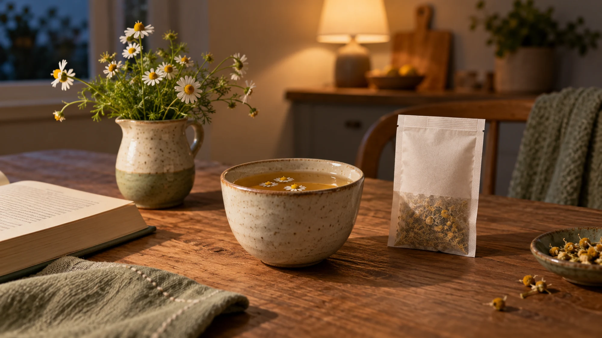 Chamomile infusion beside an unbranded sachet and book