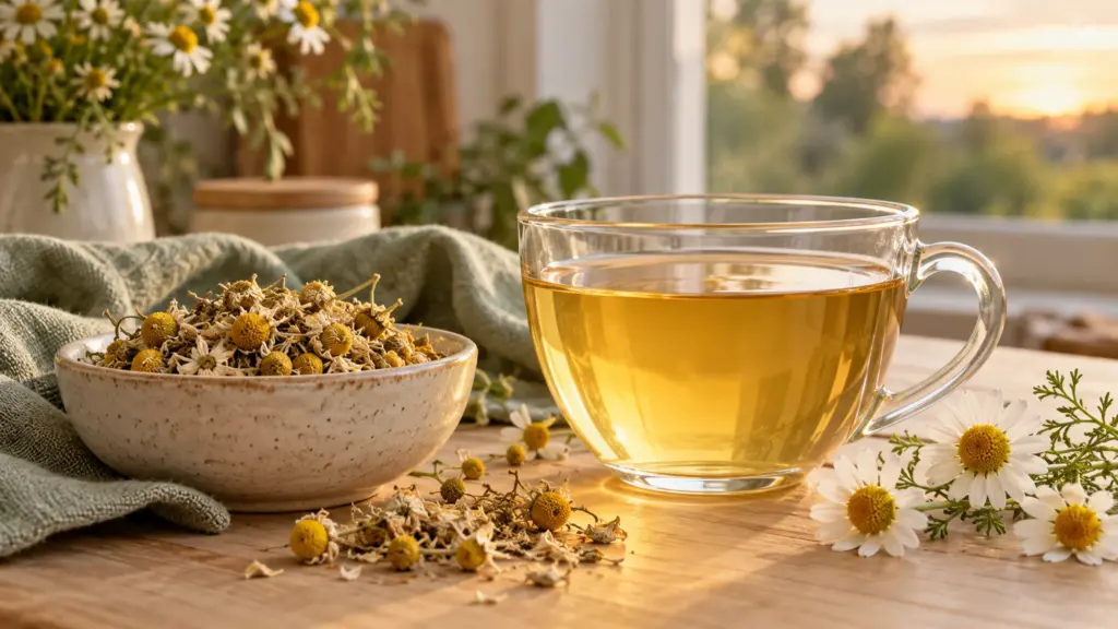 Chamomile tea benefits guide with a golden infusion and dried chamomile flowers
