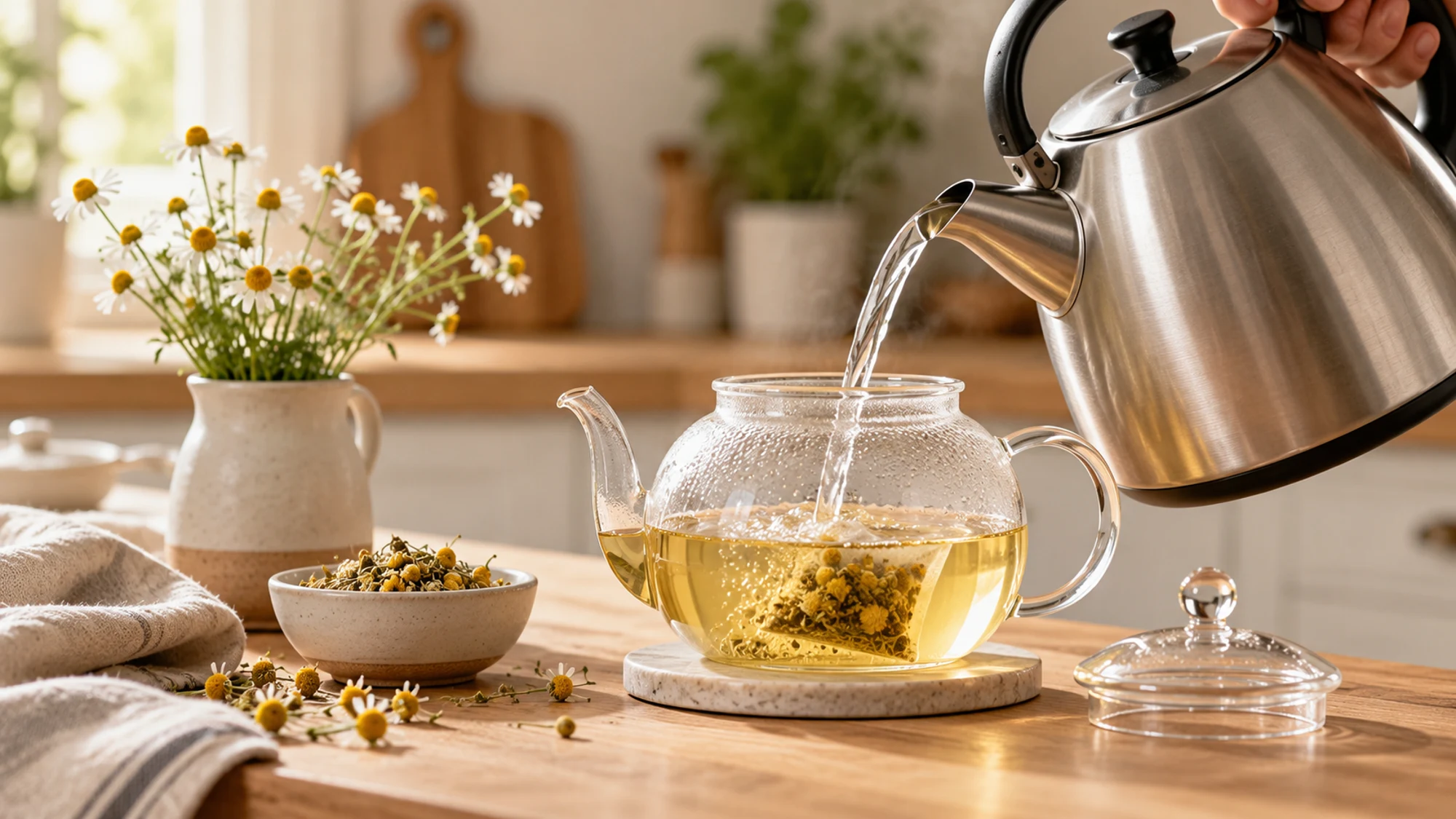 Hot water pouring over chamomile flowers in a clear teapot