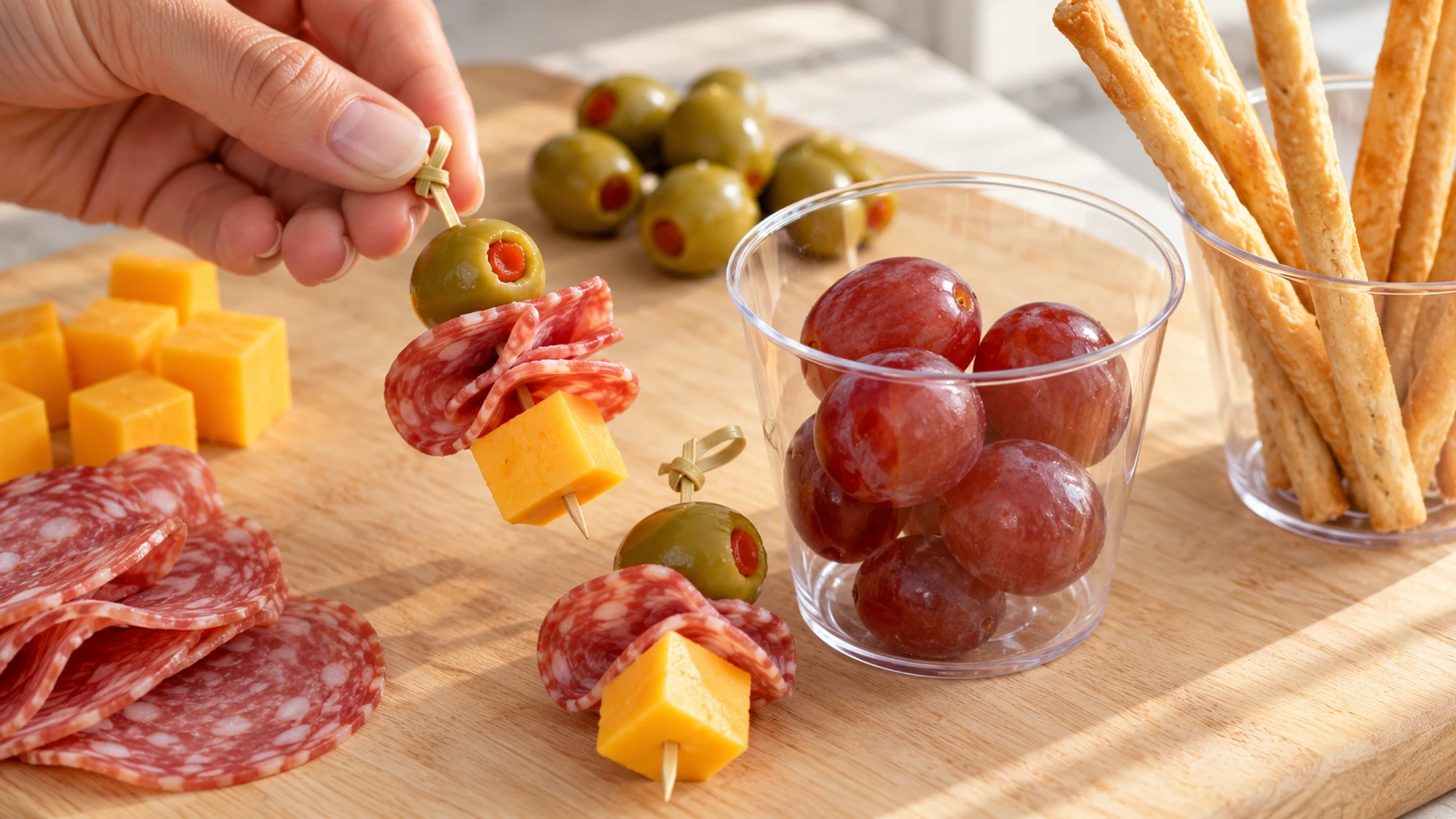 Charcuterie cups assembly with cheese cubes, folded salami, grapes, olives and short picks