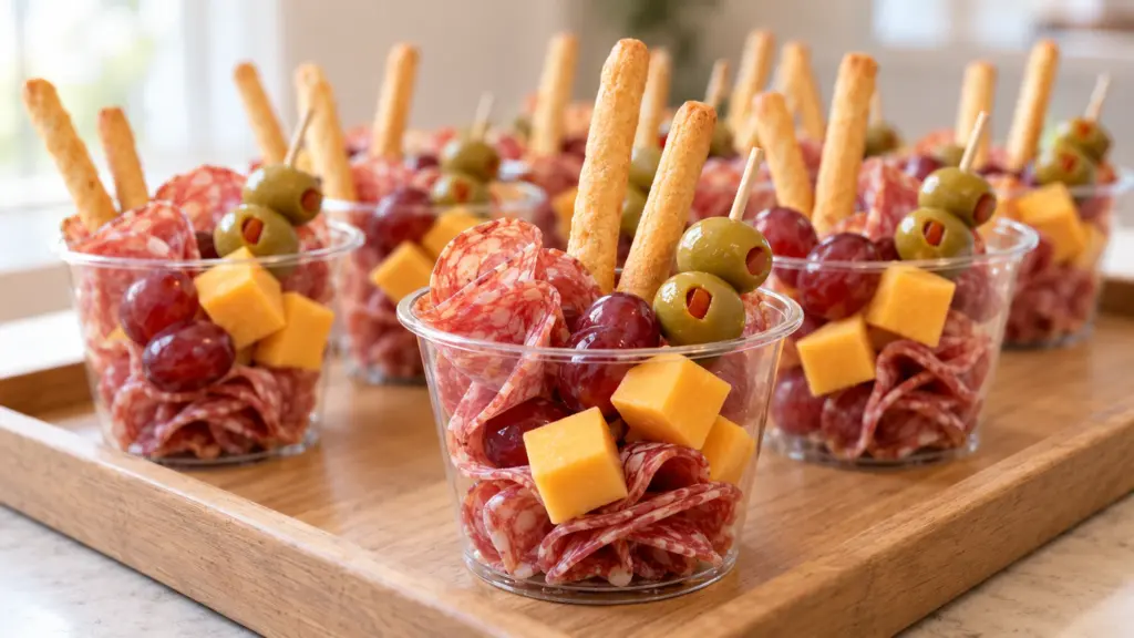Charcuterie cups filled with salami, cheddar cubes, grapes, olives and tall breadsticks