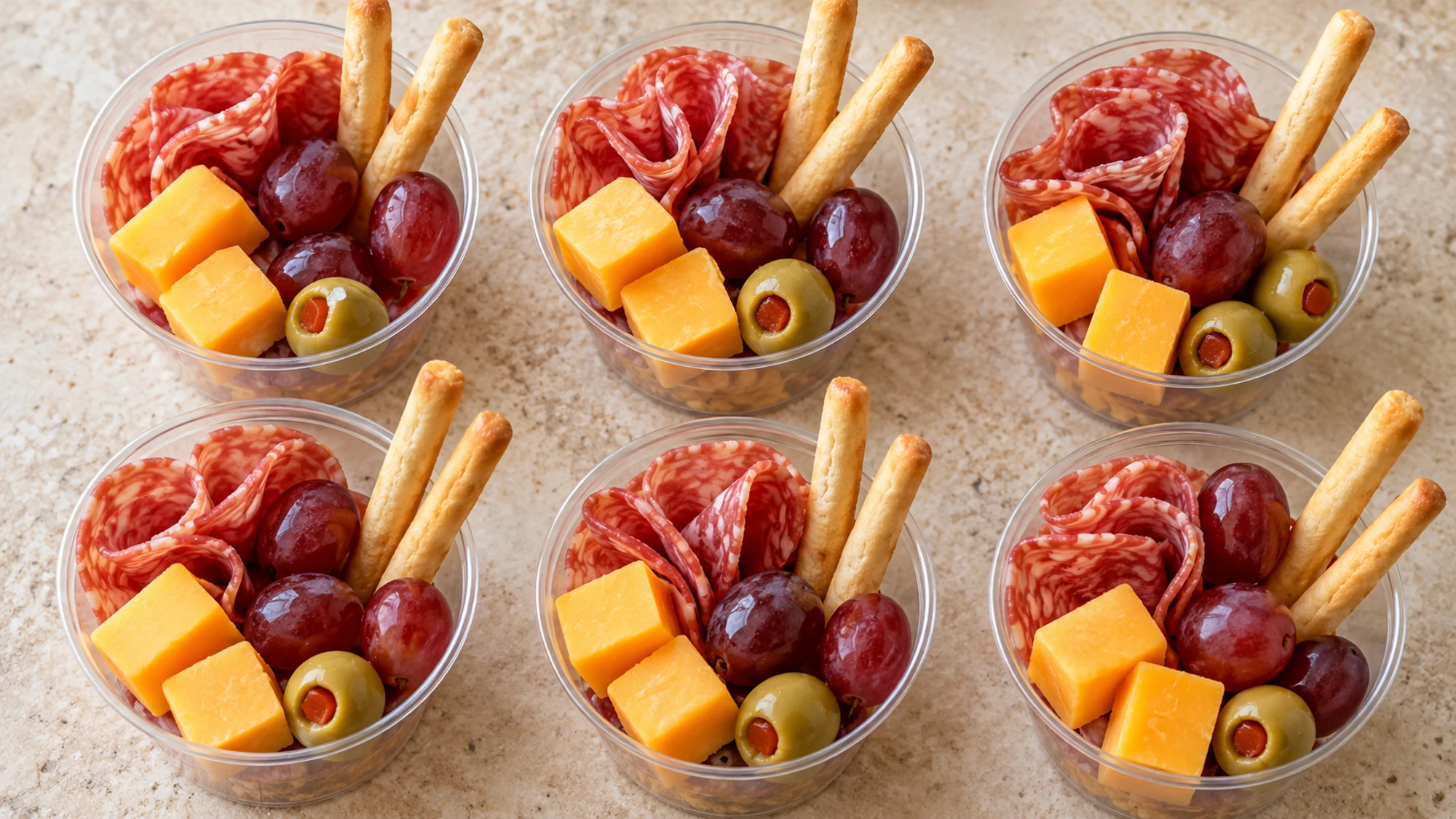 Charcuterie cups viewed from above with salami, cheddar cubes, red grapes, olives and breadsticks