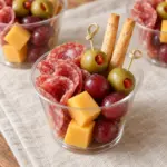 Charcuterie cups with salami, cheddar, grapes and olives