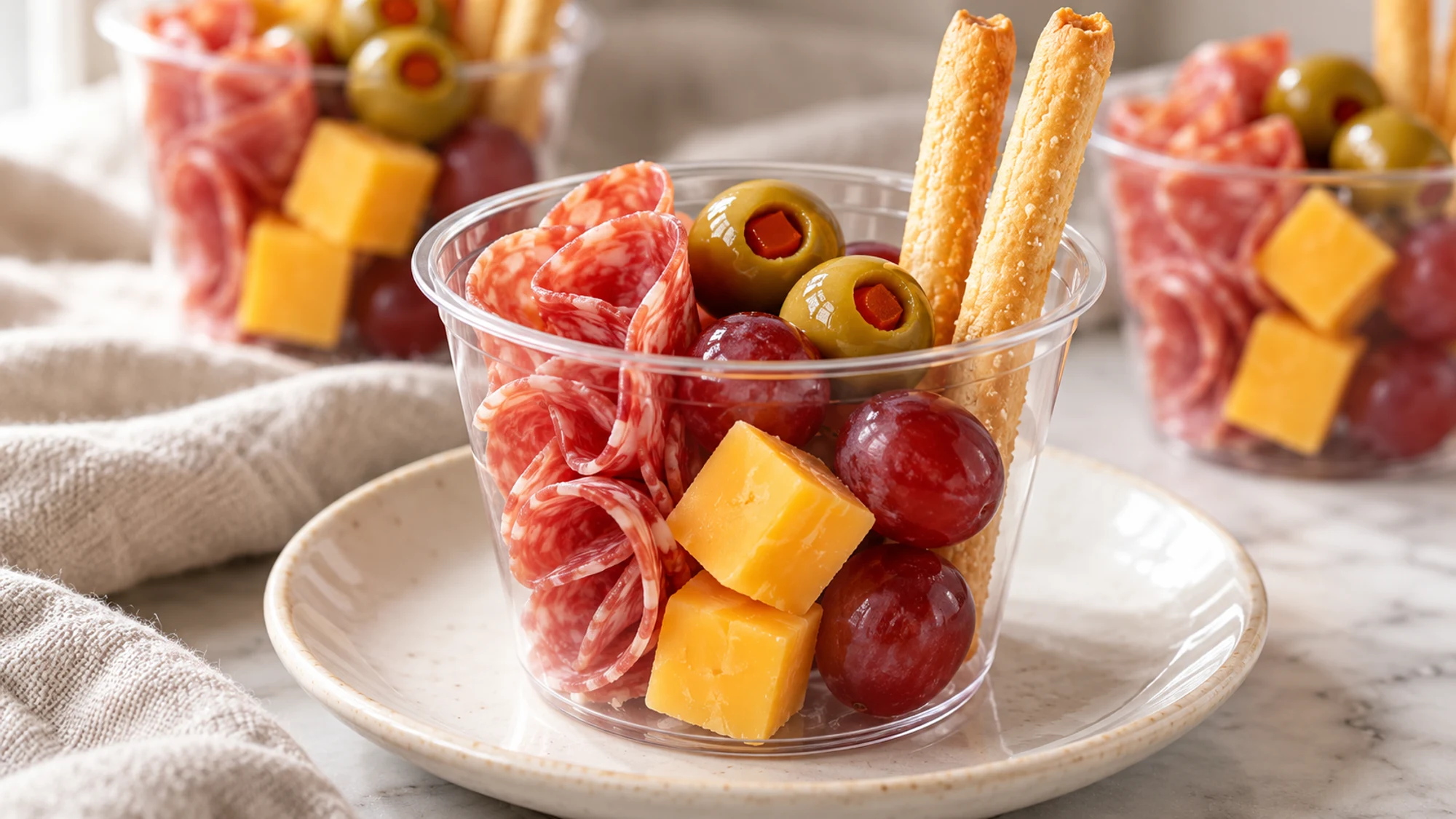 Charcuterie cups arranged on a tray for serving with salami, cheddar, grapes, olives and crisp breadsticks