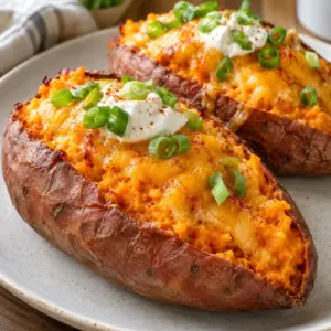 Cheese stuffed sweet potato with melted cheddar, sour cream and scallions