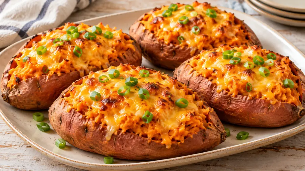 Four cheese stuffed sweet potatoes with golden cheddar and sliced scallions
