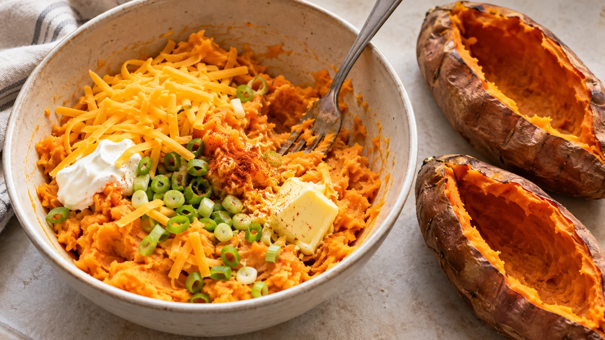 Cheese stuffed sweet potato filling with sour cream, butter and scallions in a bowl