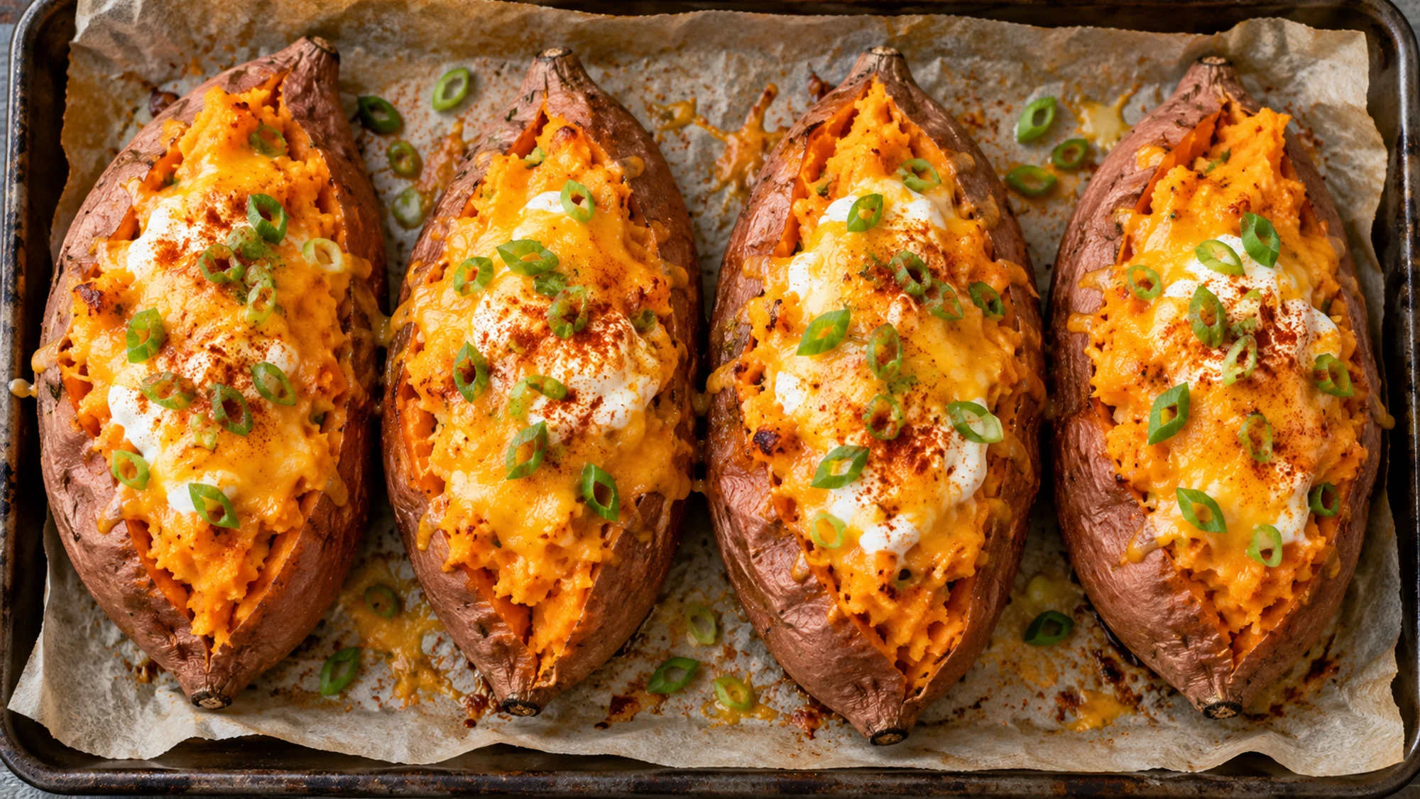 Overhead view of cheese stuffed sweet potato on a baking tray