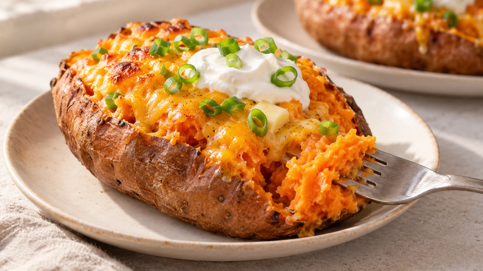 Cheese stuffed sweet potato opened with a fork beside its golden cheddar topping