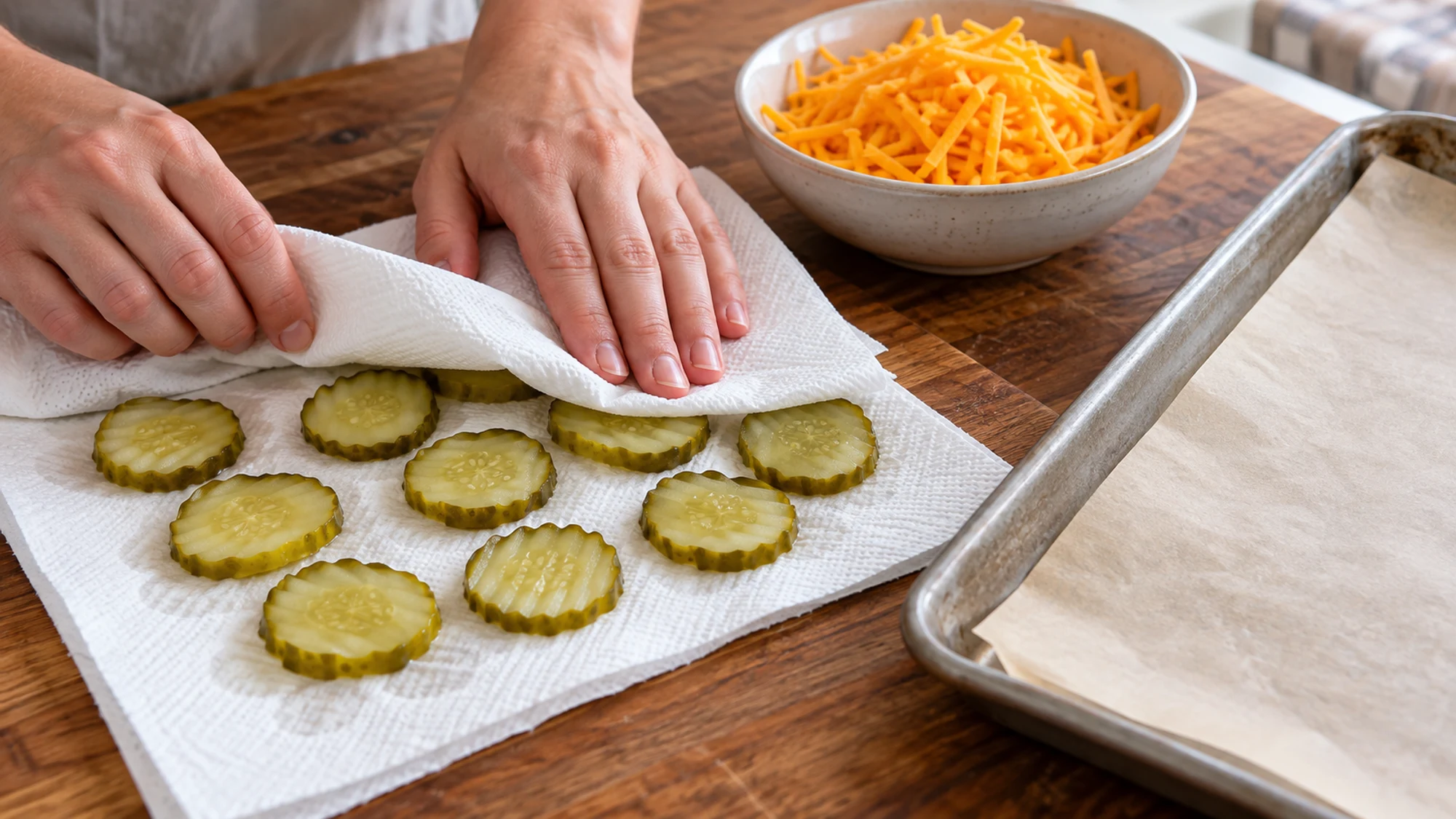 Dill pickle rounds being patted dry before making cheesy pickle chips
