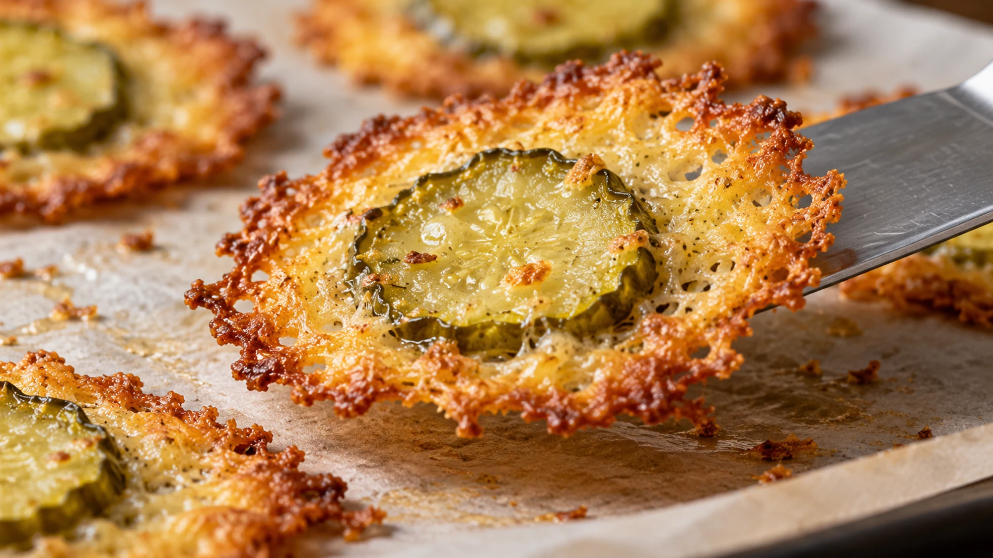 A thin spatula lifting a lacy cheddar crisp with a pickle center
