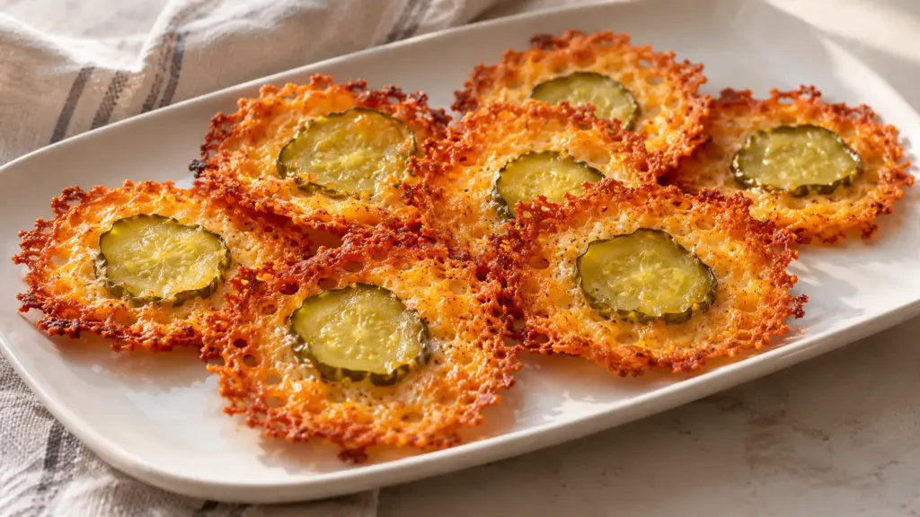 Thin cheddar crisps with dill pickle centers on a white platter