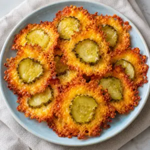 Golden baked cheddar and dill pickle crisps on a pale blue plate