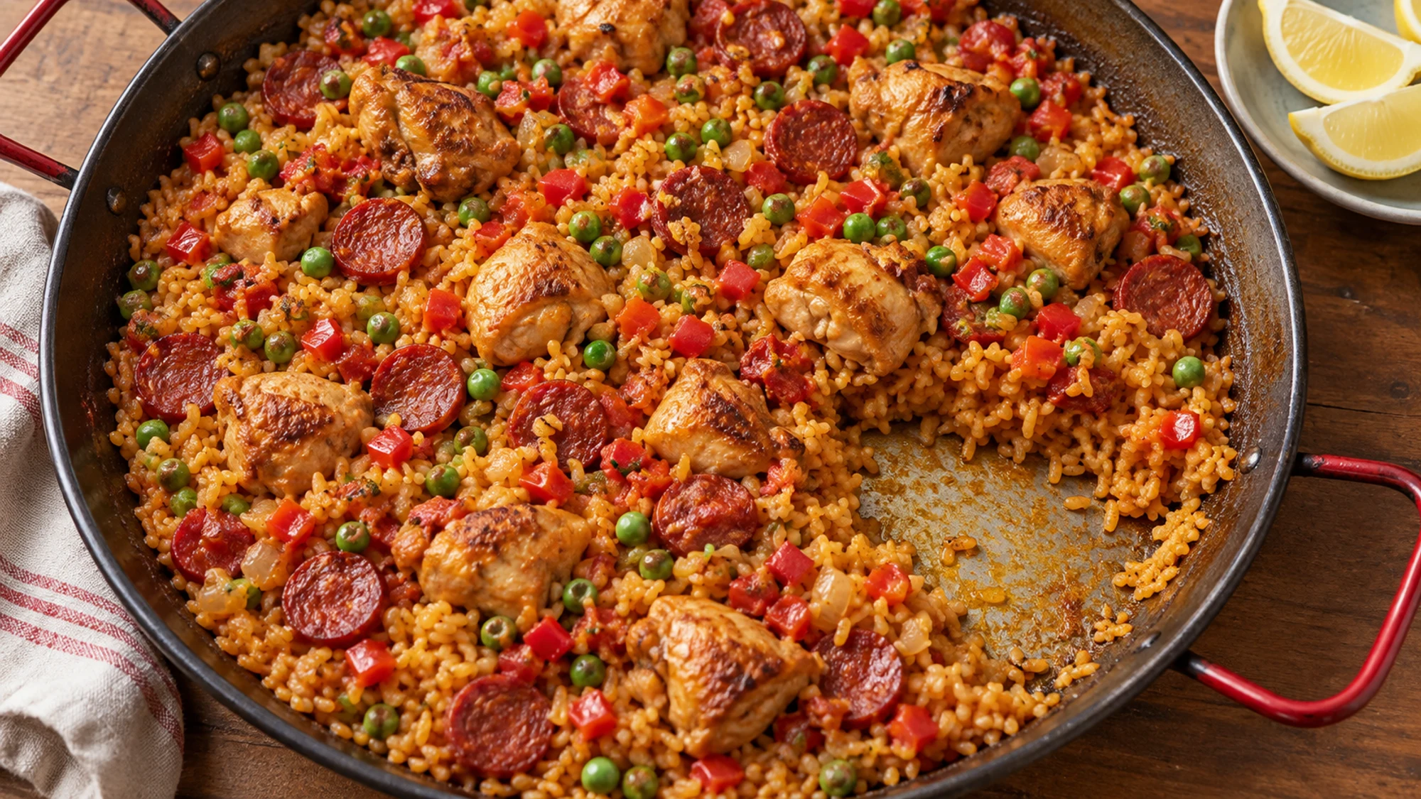 Chicken and chorizo paella with a serving removed to reveal a lightly golden bottom layer of rice.