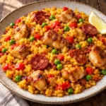 Chicken and chorizo paella on a plate with short-grain rice, peas and red pepper.