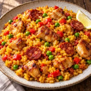 Chicken and chorizo paella on a plate with short-grain rice, peas and red pepper.