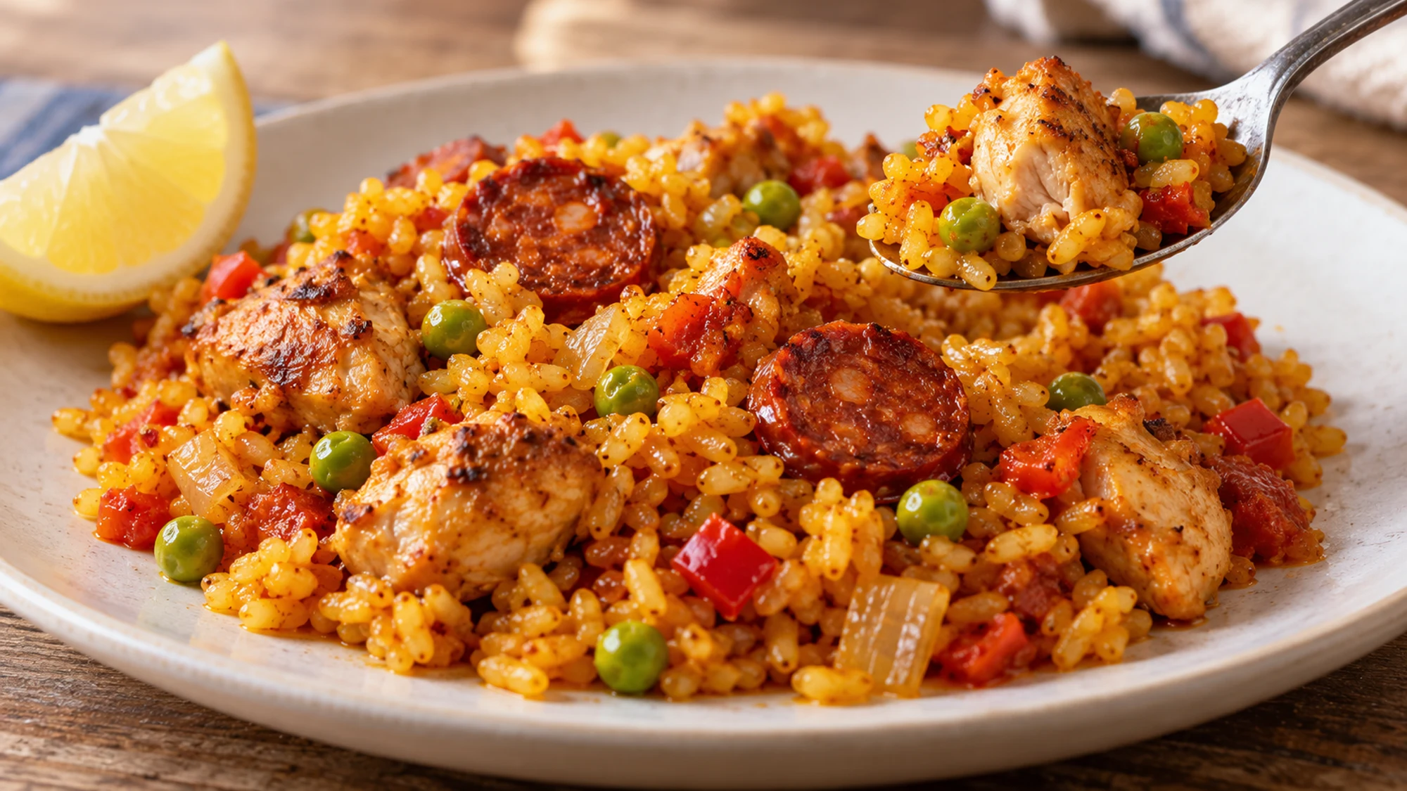 A serving of chicken and chorizo paella with a spoonful of golden rice lifted from the plate.