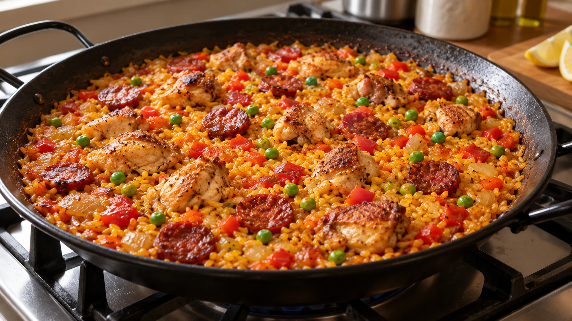 Chicken and chorizo paella simmering in an even shallow layer of rice in a wide pan.