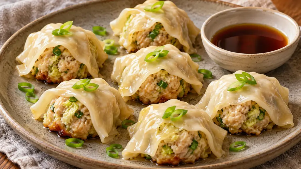 Chicken blanket dumplings with square wonton skins, golden bases and scallion greens