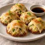 Chicken blanket dumplings with napa cabbage and scallions under draped wonton skins