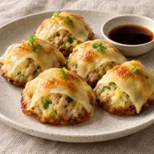 Chicken blanket dumplings with napa cabbage and scallions under draped wonton skins