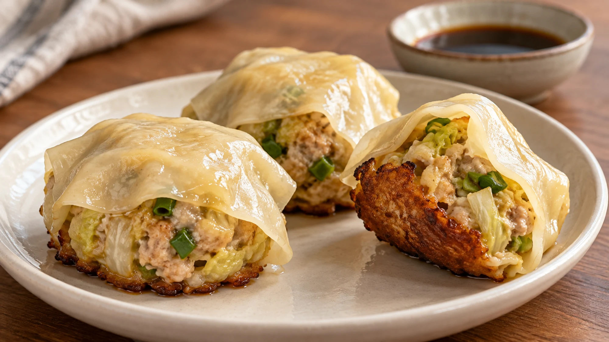 Chicken blanket dumplings served with golden chicken bases, silky wonton tops and sliced scallion greens