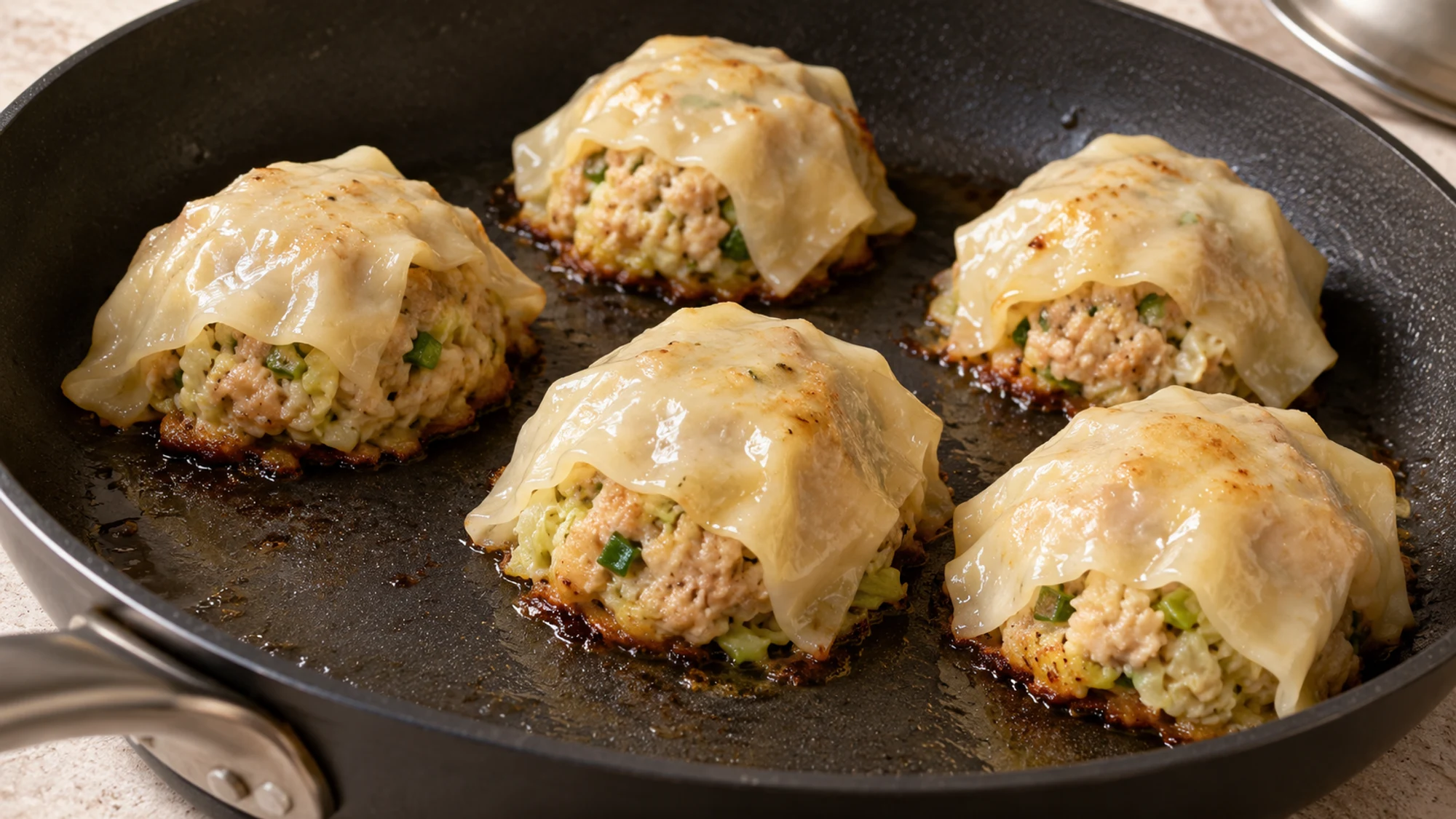 Chicken blanket dumplings finishing in a nonstick skillet after steaming and browning