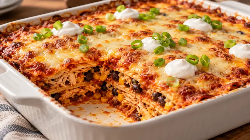 Chicken enchilada casserole with melted Monterey Jack, sour cream and scallions