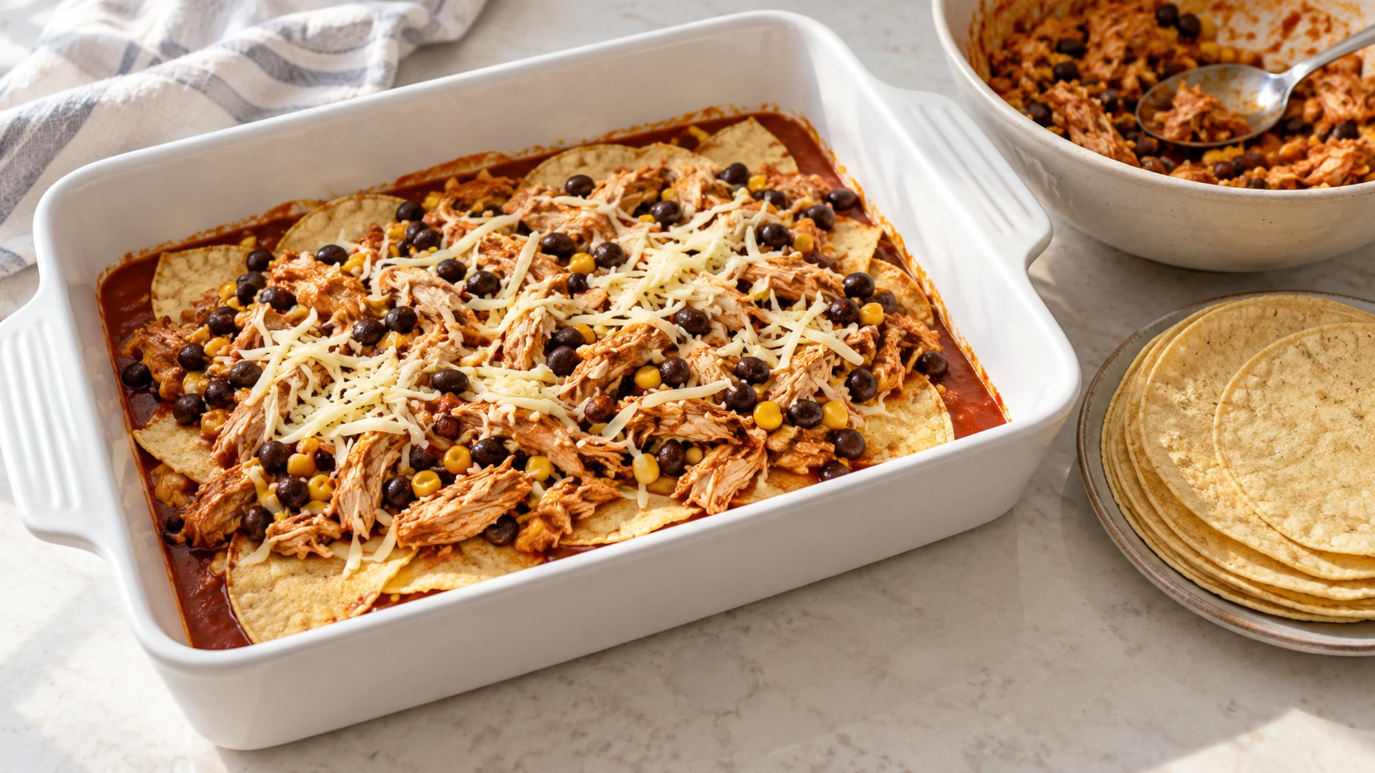 Corn tortillas layered with cooked chicken, red sauce, black beans and corn