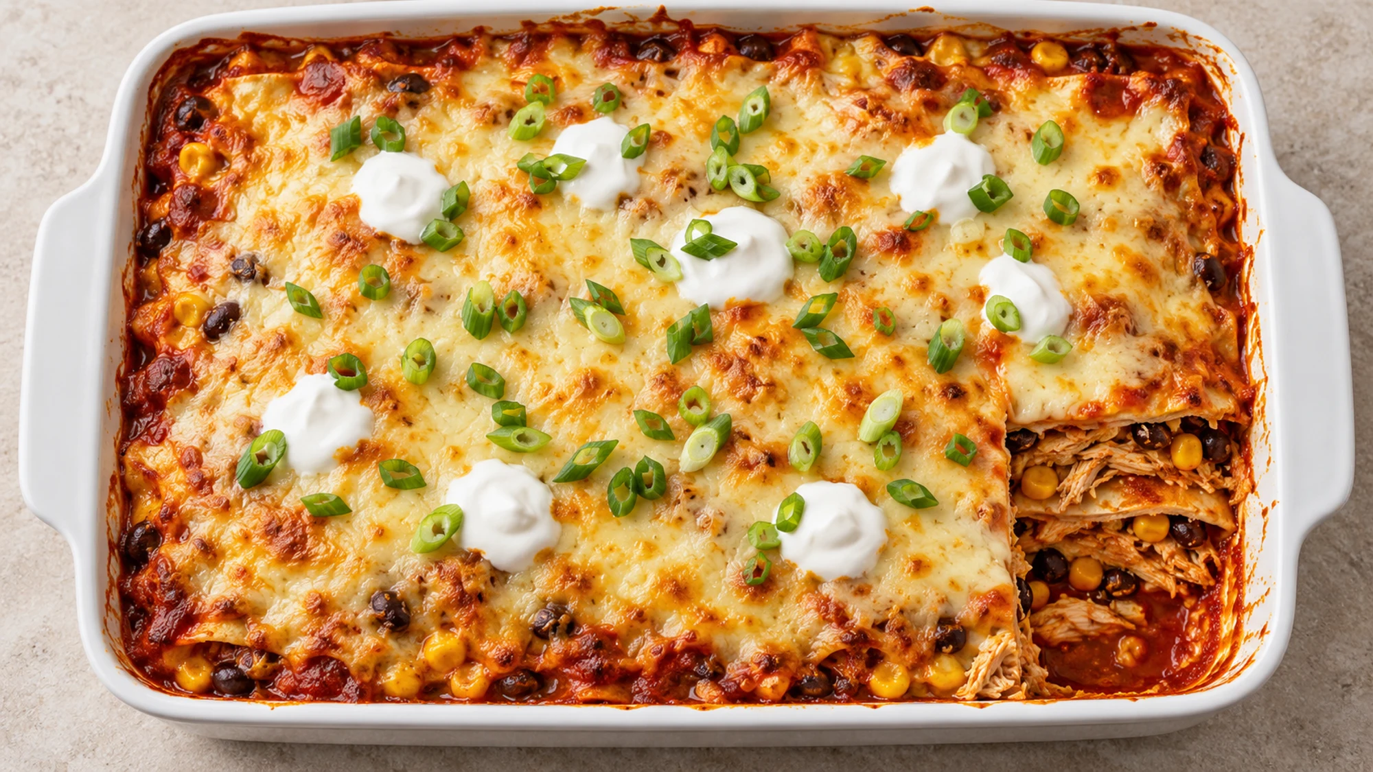 Overhead view of red chicken enchilada casserole in a rectangular baking dish