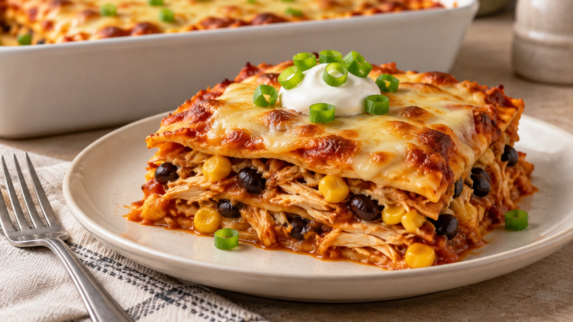 A serving of chicken enchilada casserole showing the saucy tortilla layers