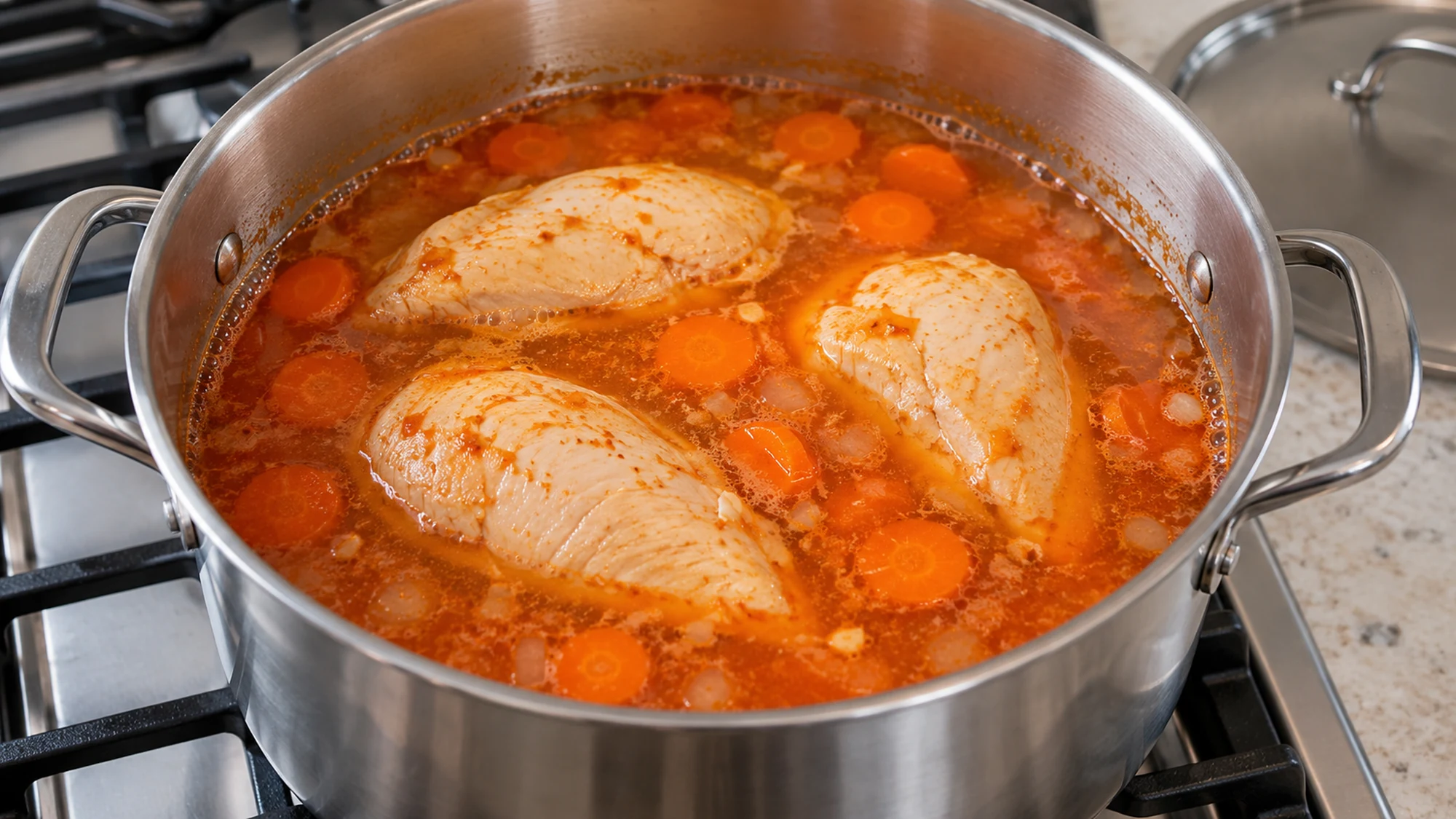 Chicken breasts poaching gently with carrots in the chipotle broth for caldo tlalpeño.