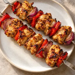 Two grilled chicken shish skewers with red bell pepper and red onion on a round plate.