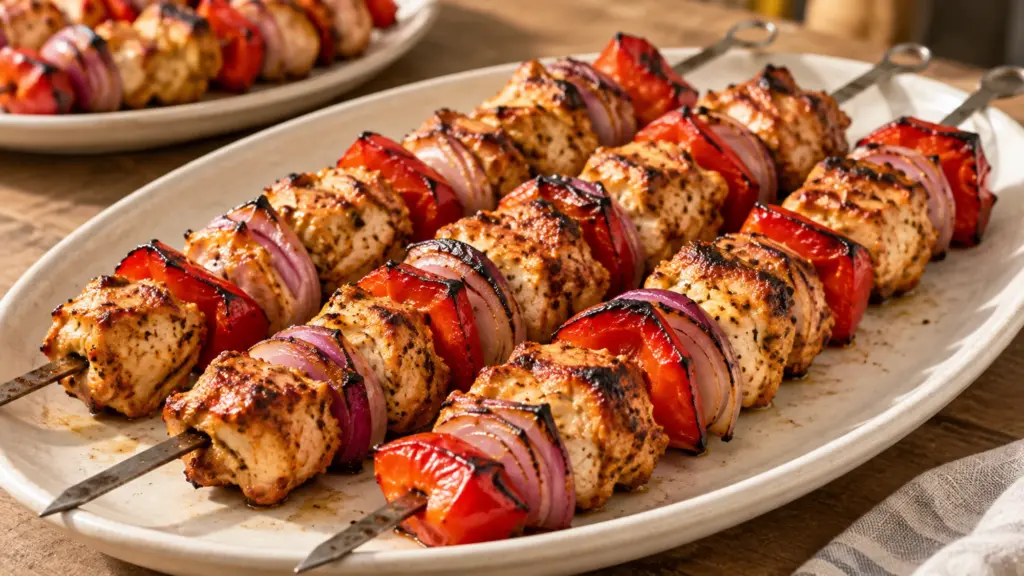 Chicken shish recipe with grilled thigh pieces, red bell pepper and red onion on metal skewers.