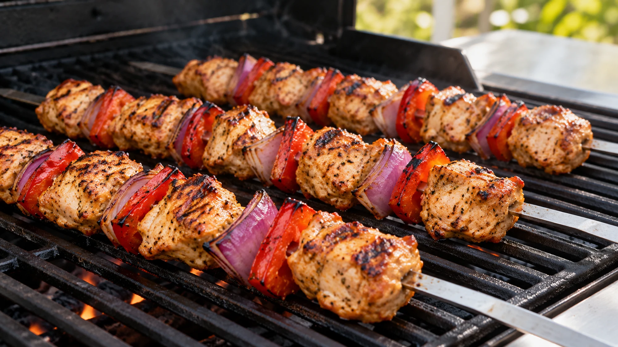 The chicken shish recipe cooking on an outdoor grill, with red pepper and red onion between chicken pieces.