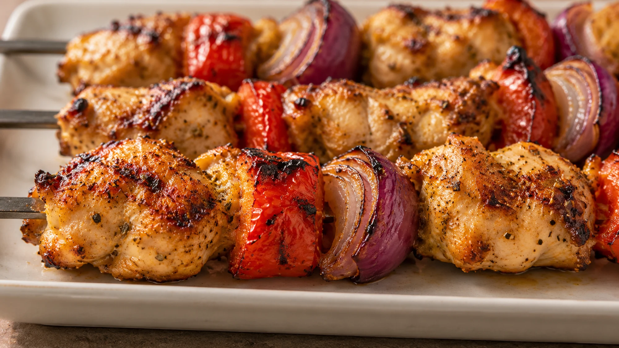 Close view of the chicken shish recipe showing browned yogurt-marinated thigh pieces and grilled red vegetables.