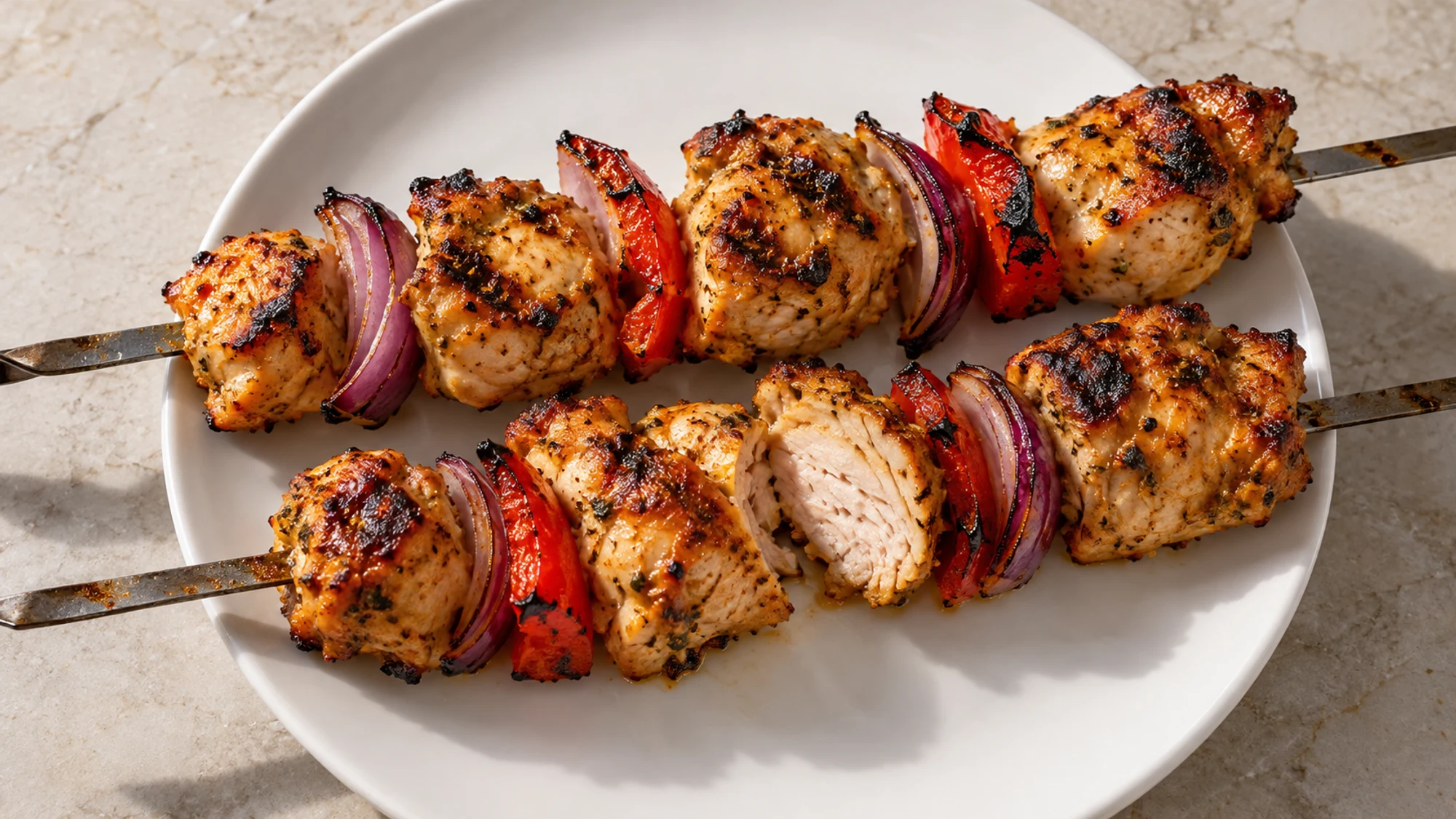 A serving of the chicken shish recipe with two grilled chicken and vegetable skewers on a plate.