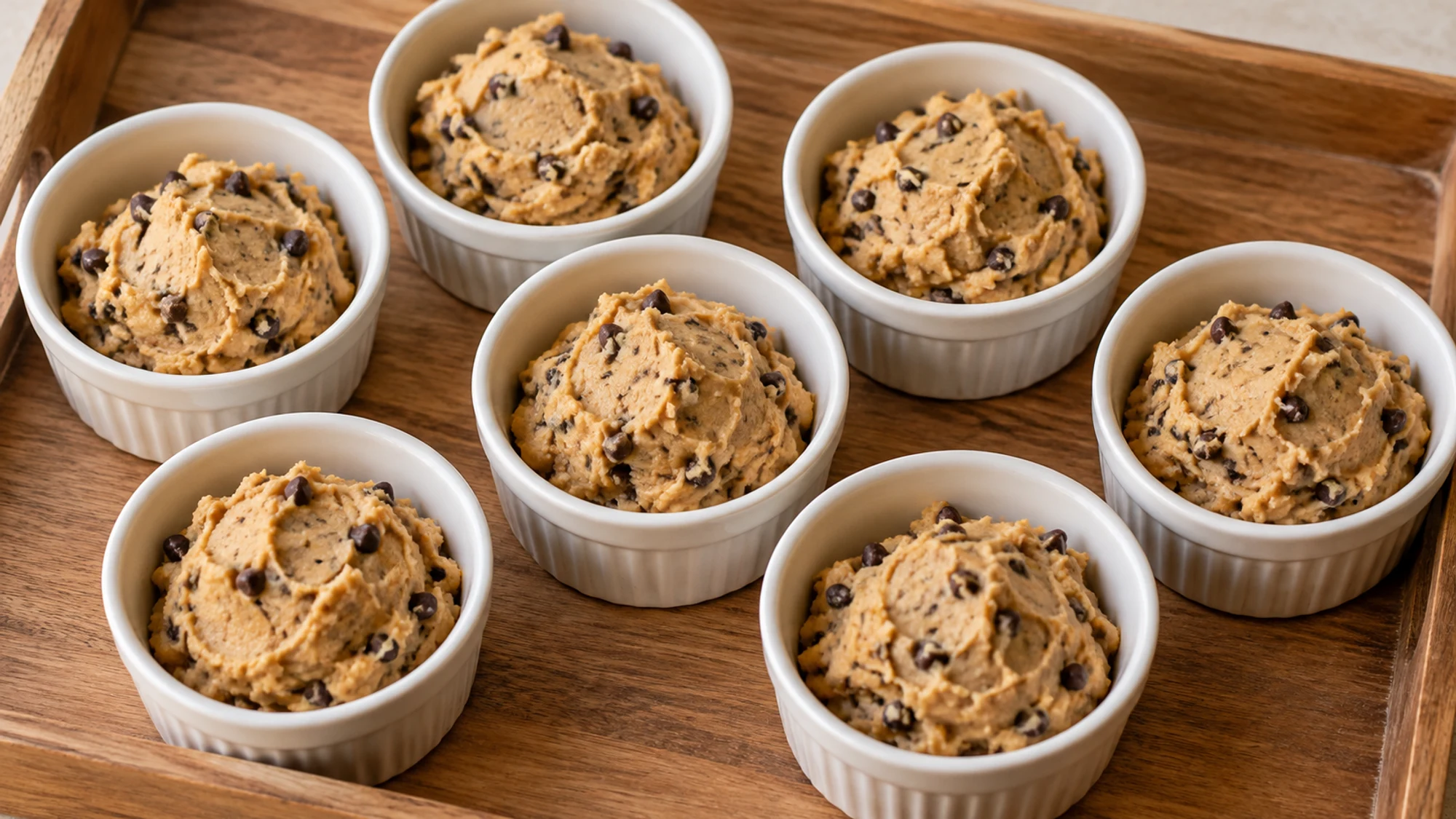 Chickpea cookie dough divided into eight small dessert portions with mini chocolate chips