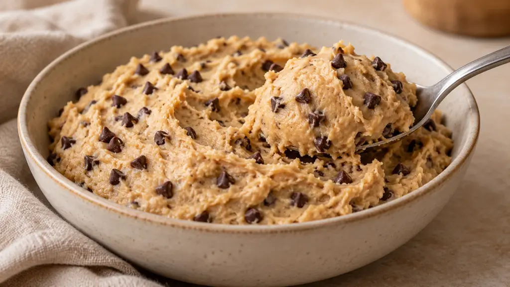 Chickpea cookie dough with peanut butter, cinnamon and mini chocolate chips in a ceramic bowl