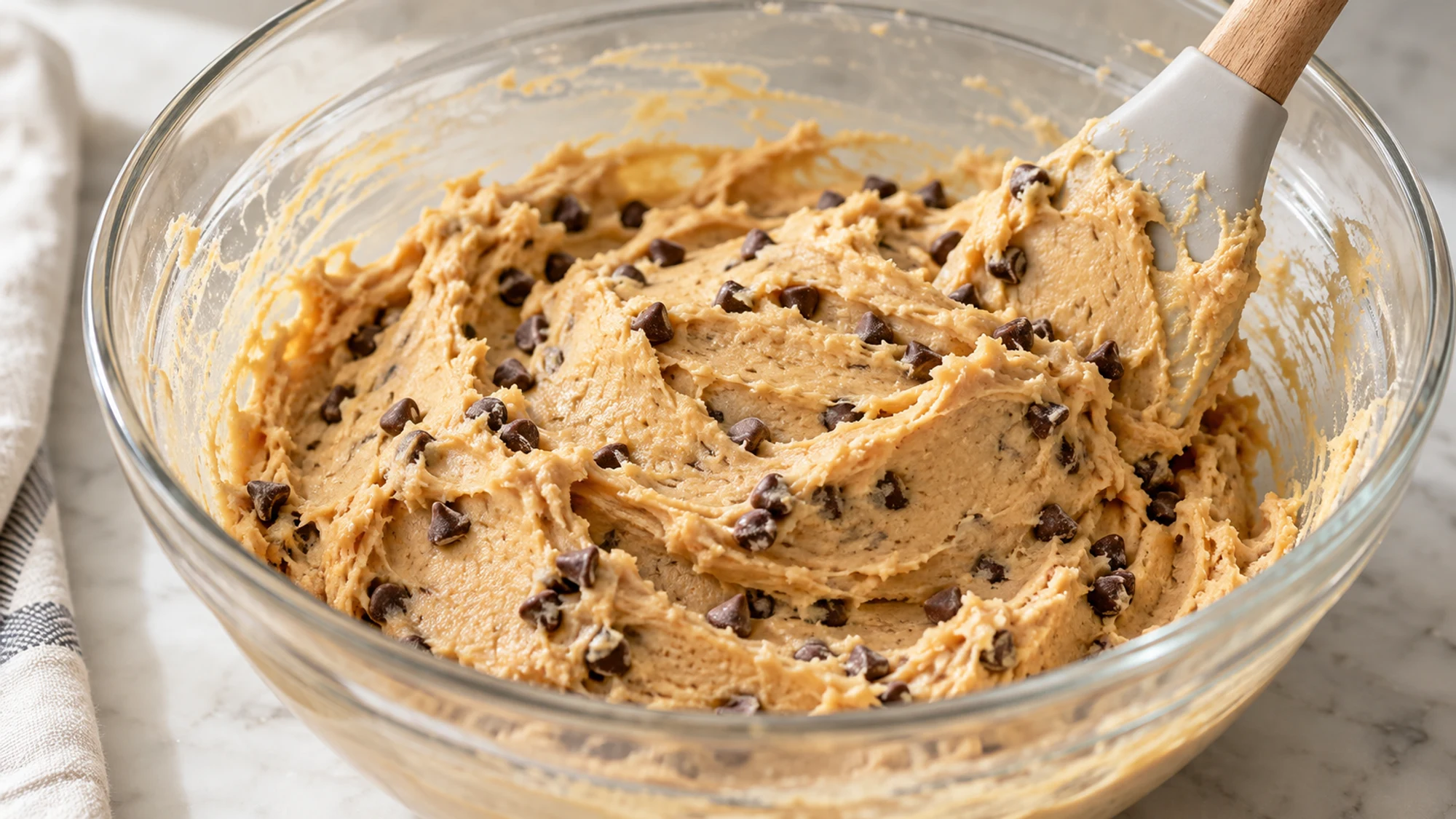 Chickpea cookie dough with mini semisweet chocolate chips being folded into the smooth base