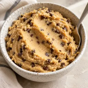 Chickpea cookie dough with mini chocolate chips and soft spooned ridges