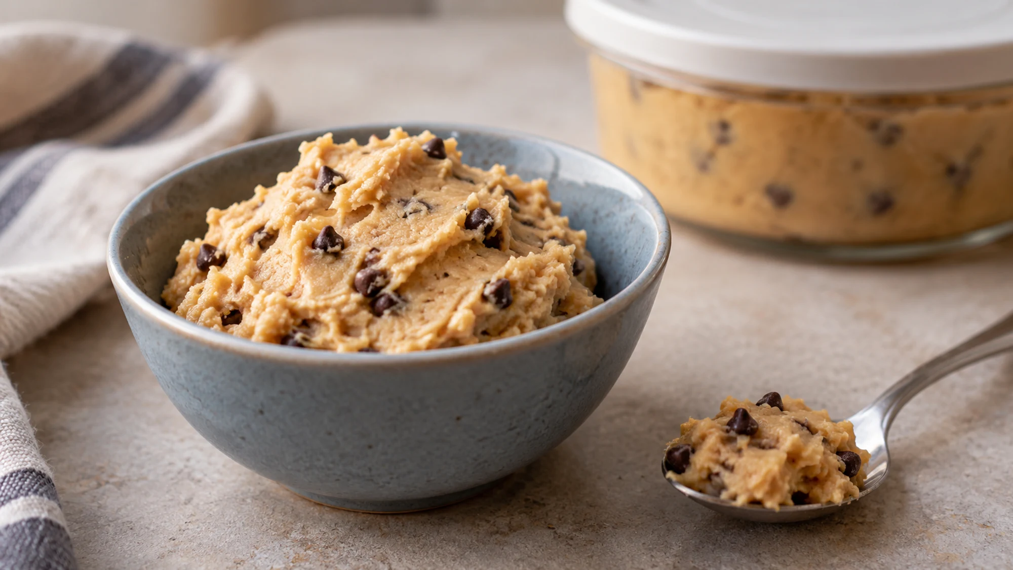 Chickpea cookie dough in a small dessert cup with a teaspoon
