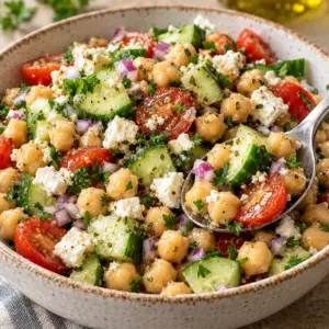 Chickpea cucumber salad with lemon, feta, cucumber chunks and grape tomatoes