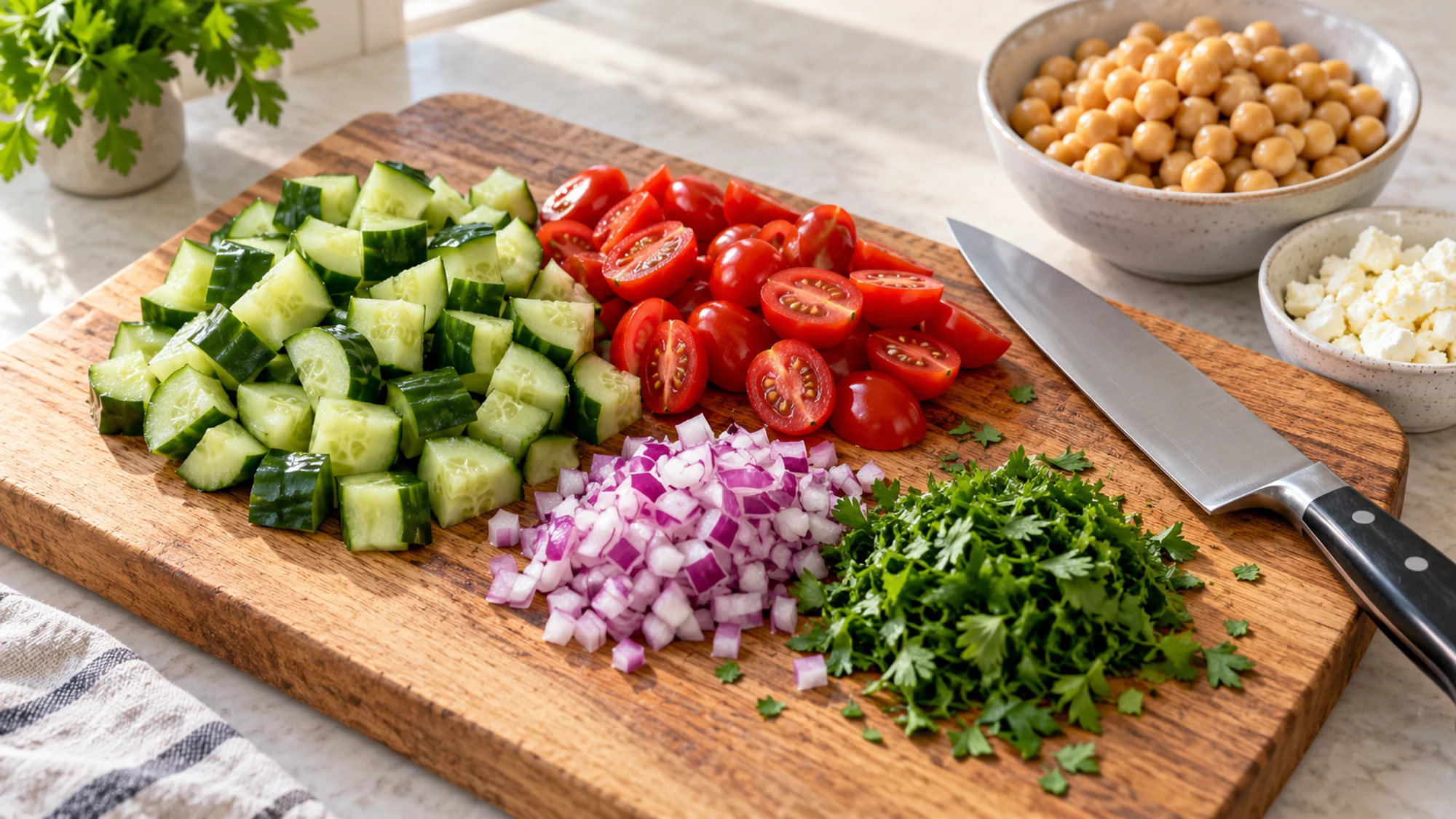 Chopped cucumber, grape tomatoes, red onion and parsley for chickpea cucumber salad