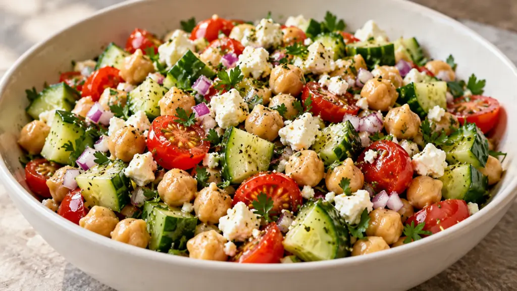 Chickpea cucumber salad with grape tomatoes, feta, red onion and parsley