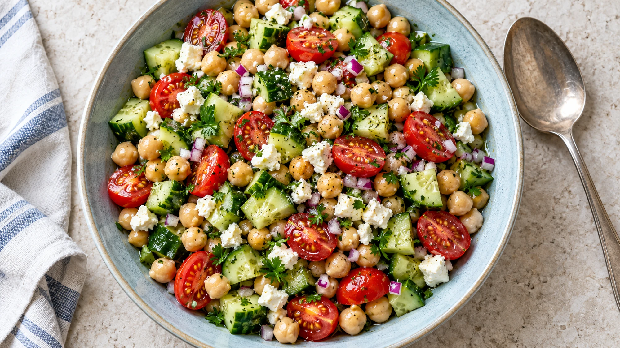 Overhead view of chickpea cucumber salad with lemon dressing and crumbled feta