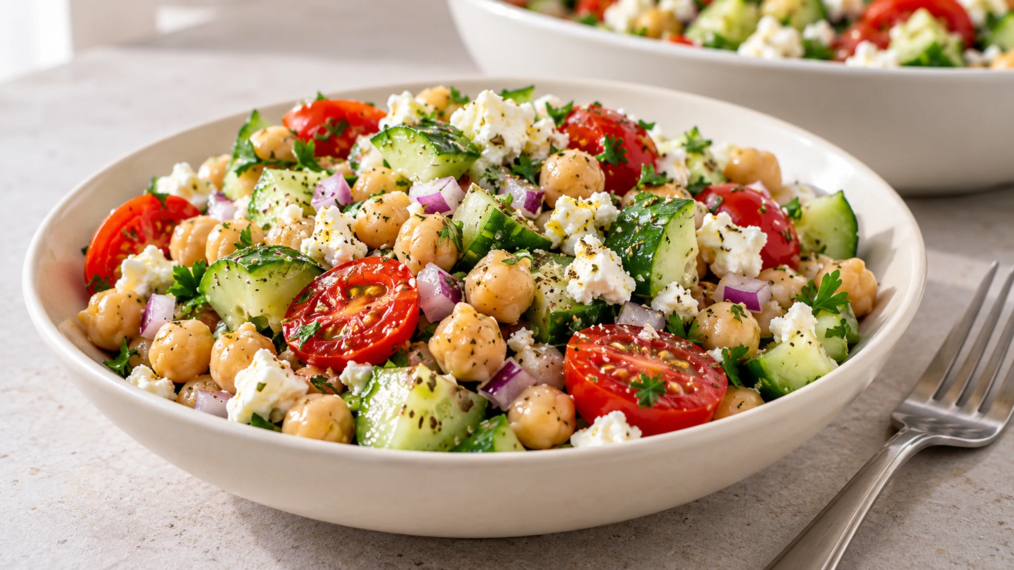 A bowl of chickpea cucumber salad with tomatoes, feta and parsley