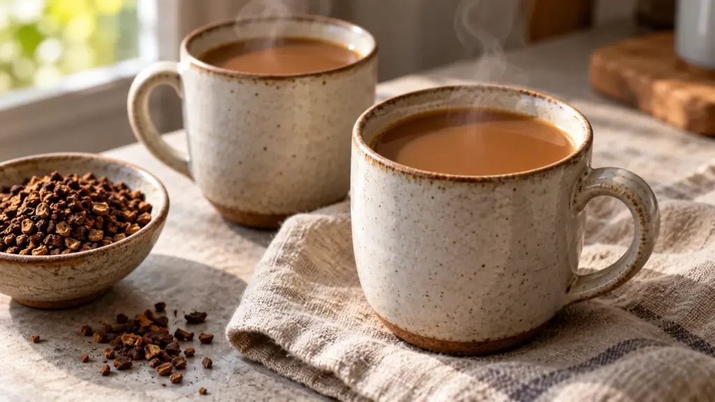 Two mugs of warm vanilla chicory coffee with a little milk
