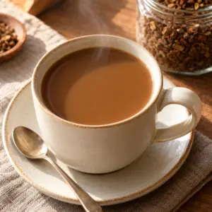 A ceramic mug of smooth caramel-brown vanilla chicory coffee
